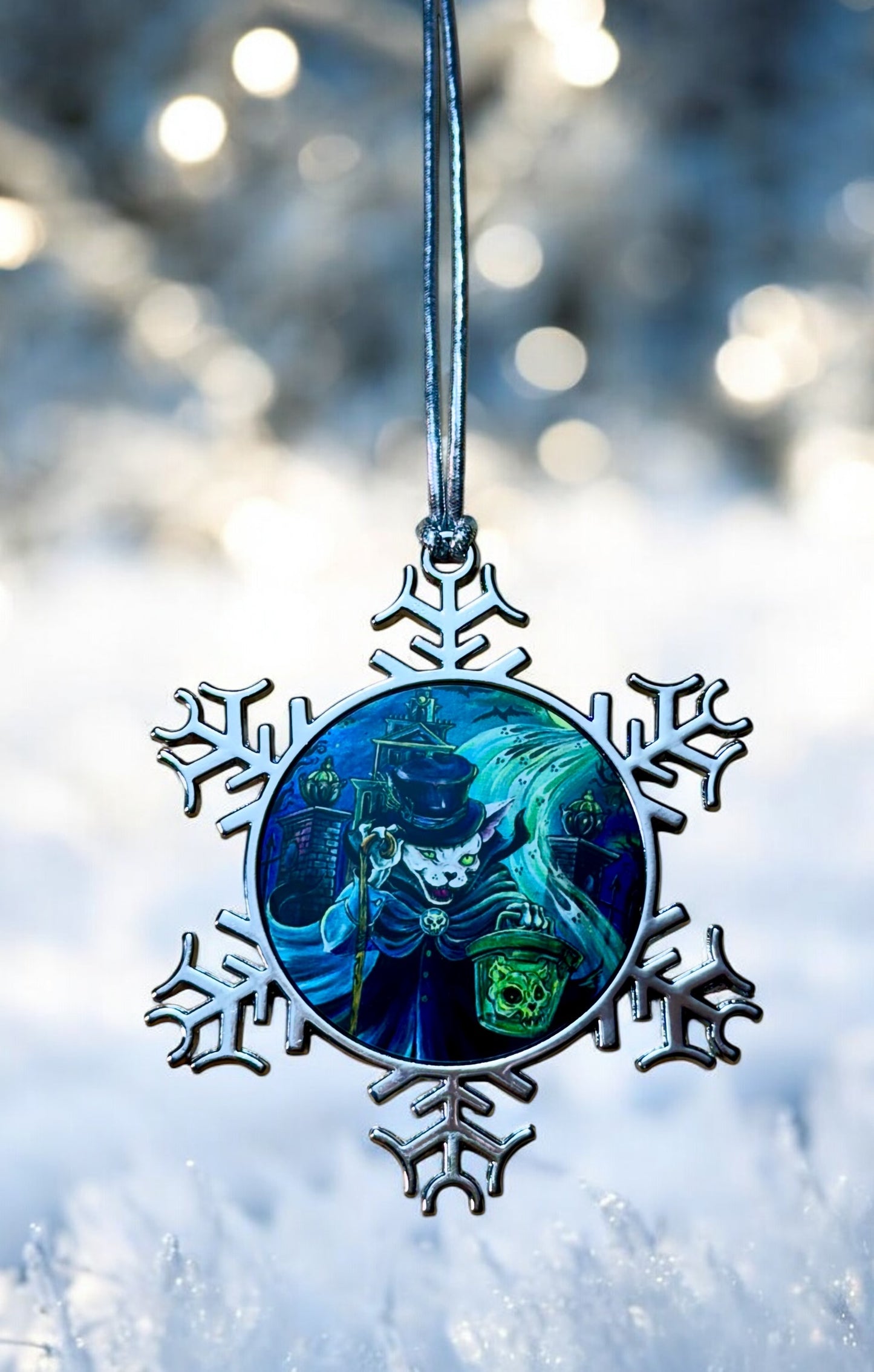 ORNAMENT 3"x 3" Silver Snowflake "Catbox Ghost" (Image on both sides)