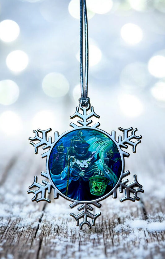 ORNAMENT 3"x 3" Silver Snowflake "Catbox Ghost" (Image on both sides)