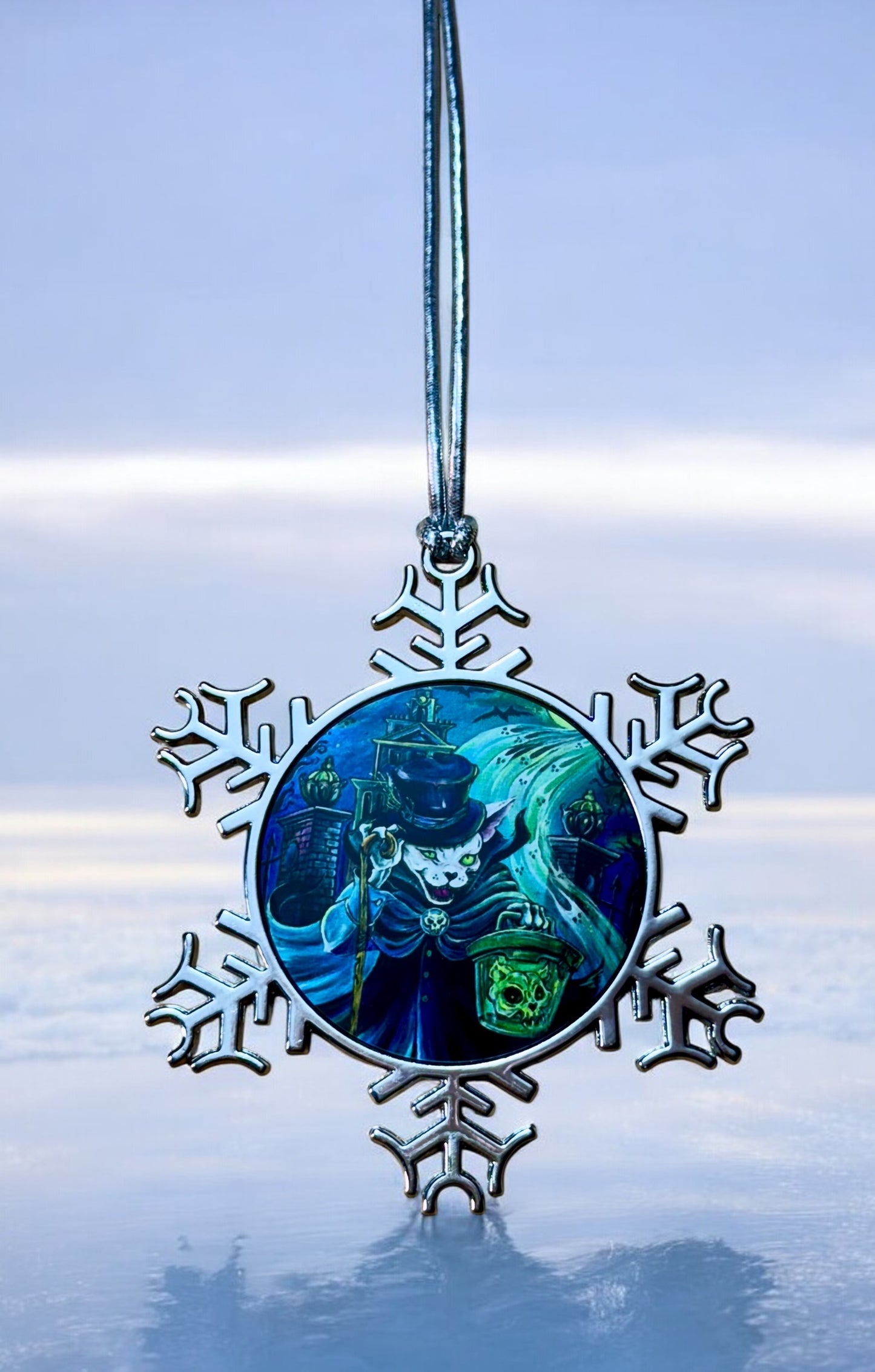 ORNAMENT 3"x 3" Silver Snowflake "Catbox Ghost" (Image on both sides)