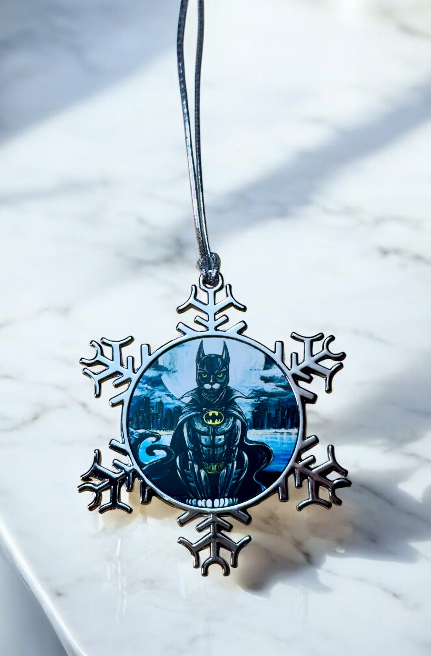 ORNAMENT 3"x 3" Silver Snowflake "The Dark Kat" (Image on both sides)