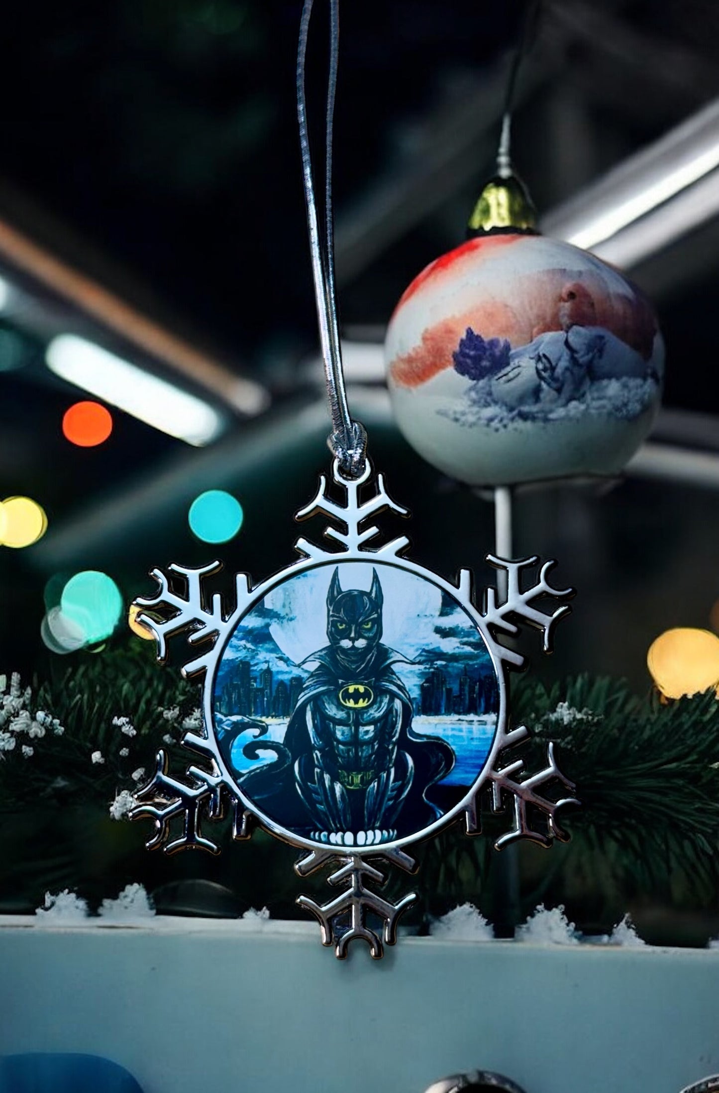 ORNAMENT 3"x 3" Silver Snowflake "The Dark Kat" (Image on both sides)