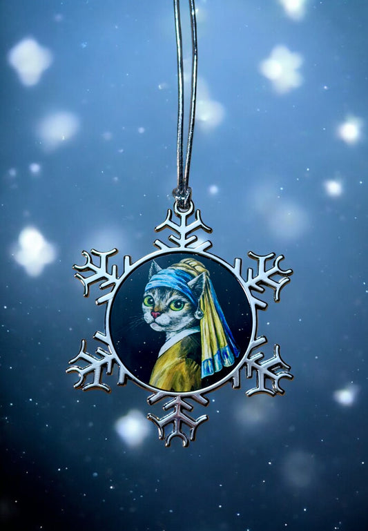 ORNAMENT 3"x 3" Silver Snowflake "Cat With a Pearl Earring" (Image on both sides)