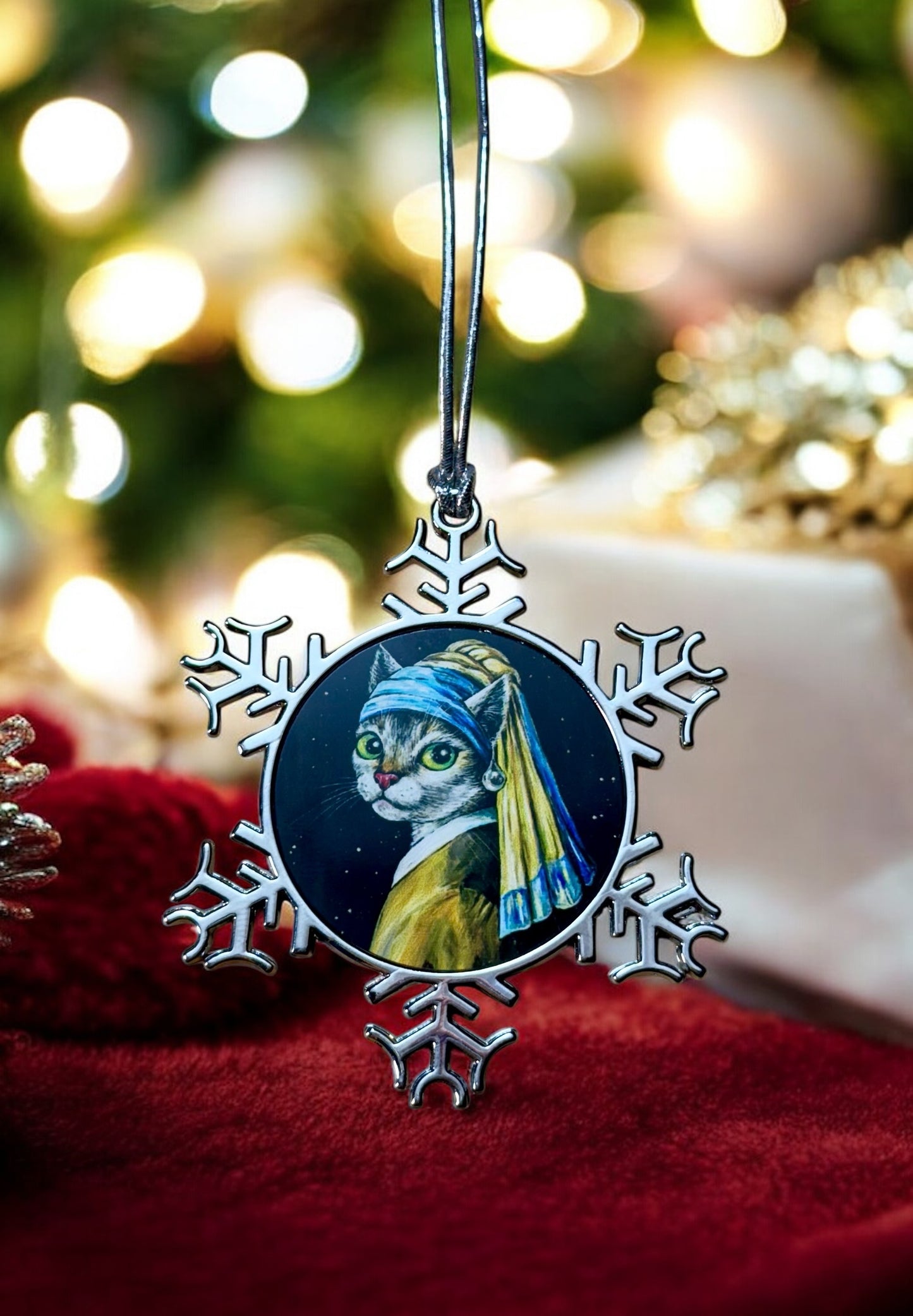 ORNAMENT 3"x 3" Silver Snowflake "Cat With a Pearl Earring" (Image on both sides)