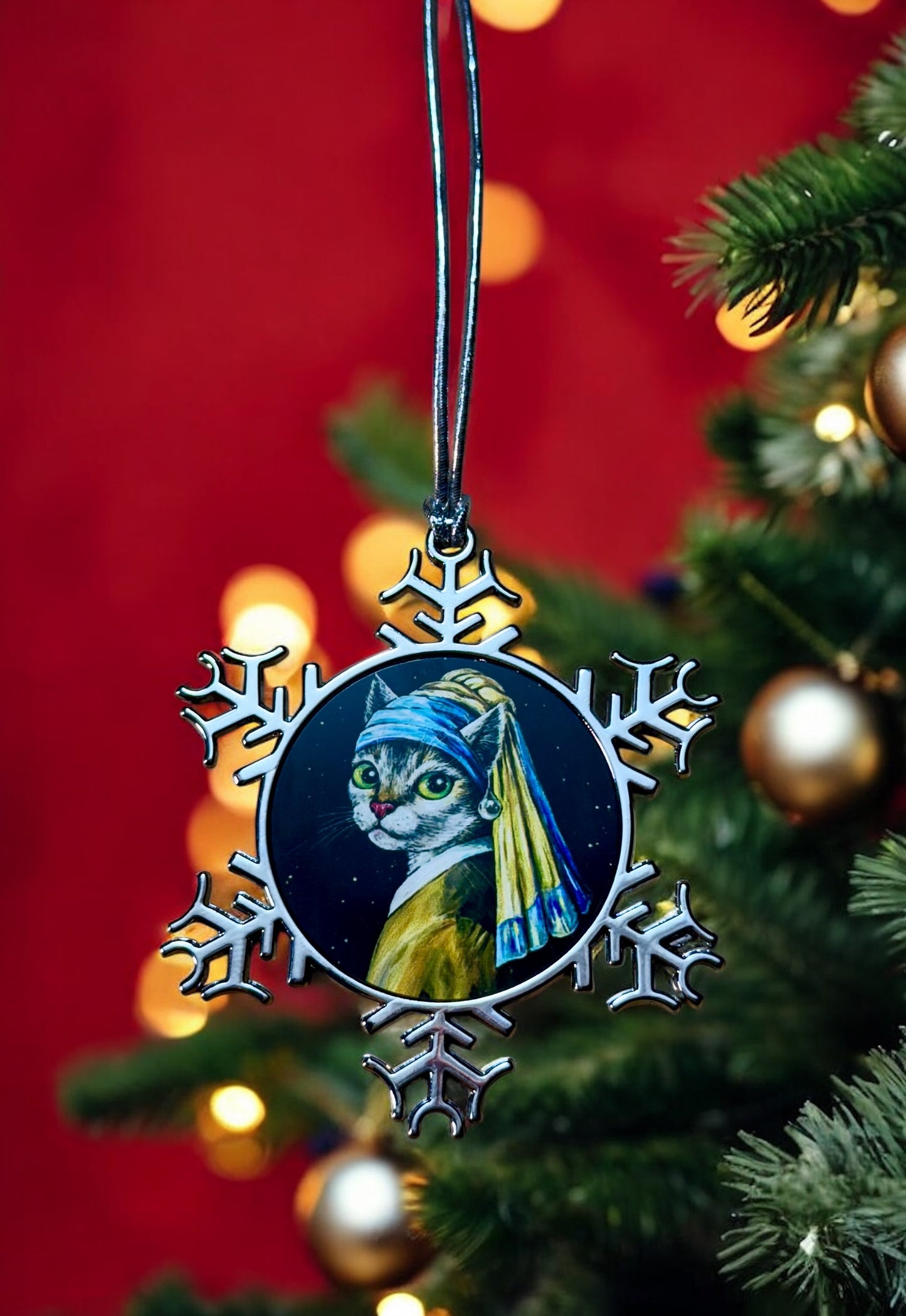 ORNAMENT 3"x 3" Silver Snowflake "Cat With a Pearl Earring" (Image on both sides)