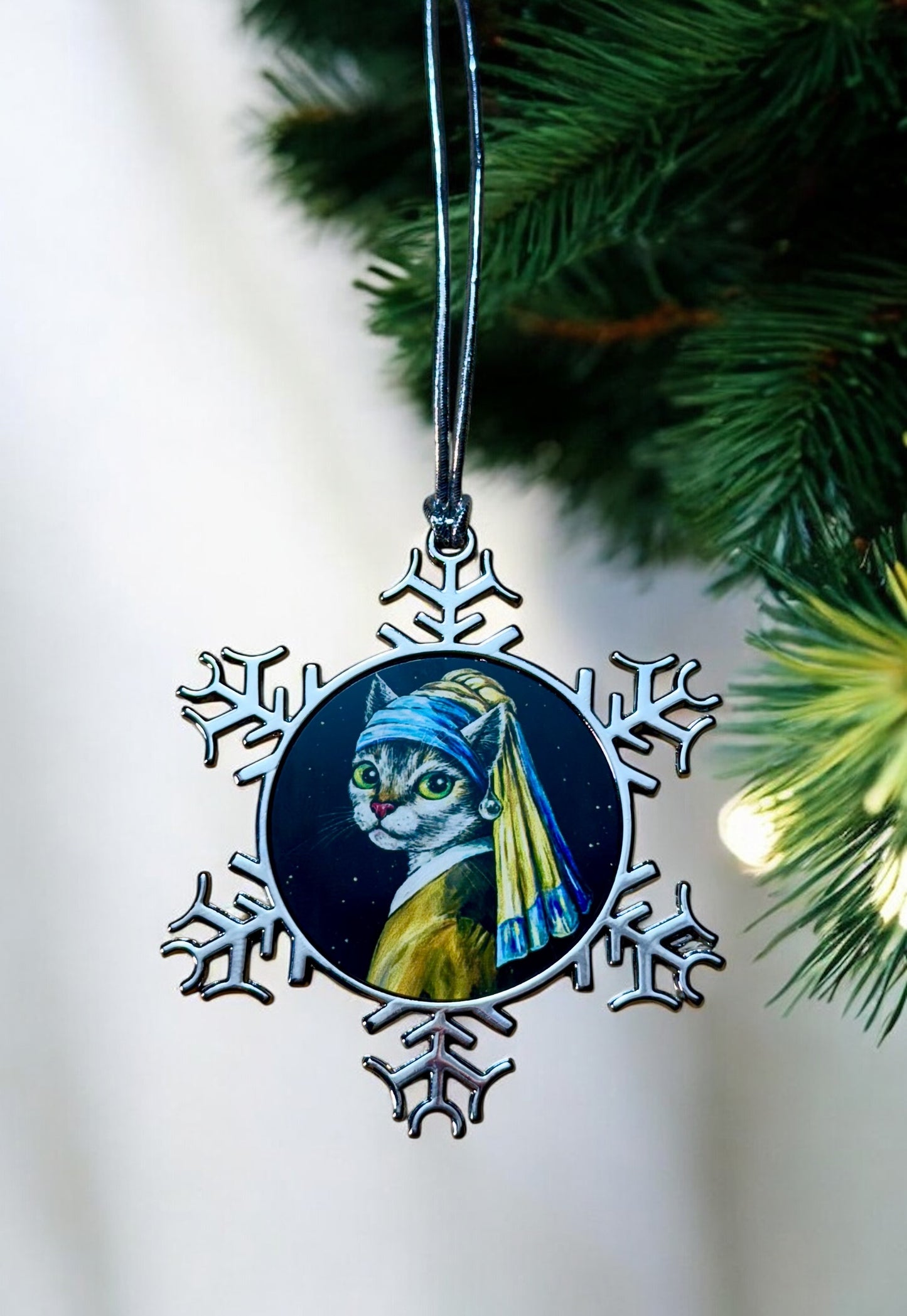 ORNAMENT 3"x 3" Silver Snowflake "Cat With a Pearl Earring" (Image on both sides)