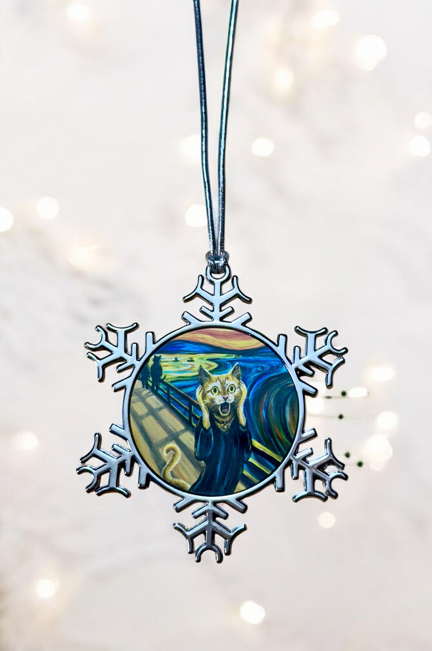 ORNAMENT 3"x 3" Silver Snowflake "The Cat Scream" (Image on both sides)