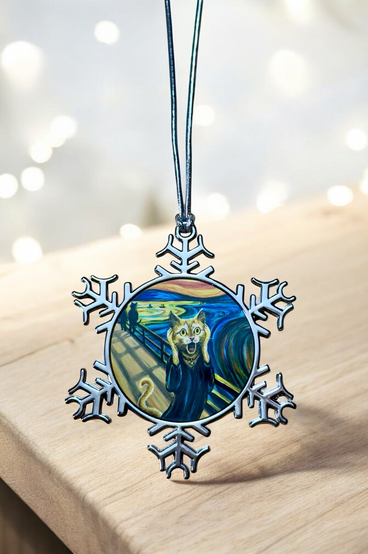 ORNAMENT 3"x 3" Silver Snowflake "The Cat Scream" (Image on both sides)