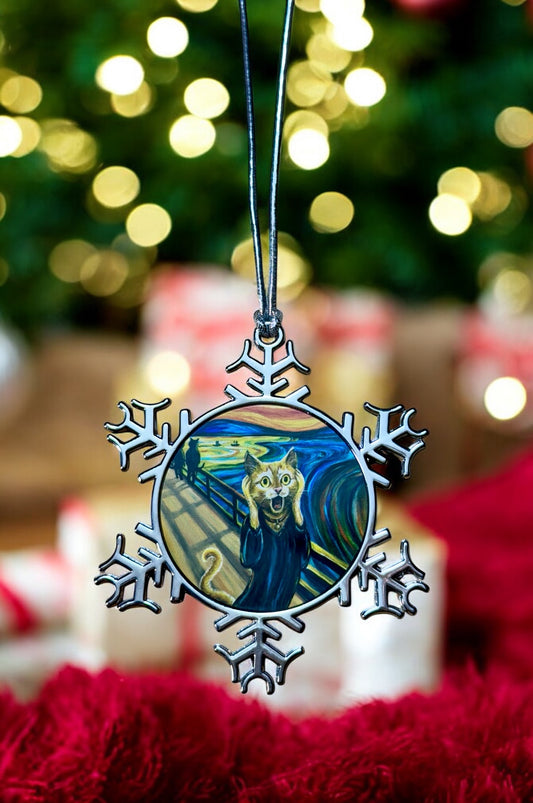 ORNAMENT 3"x 3" Silver Snowflake "The Cat Scream" (Image on both sides)