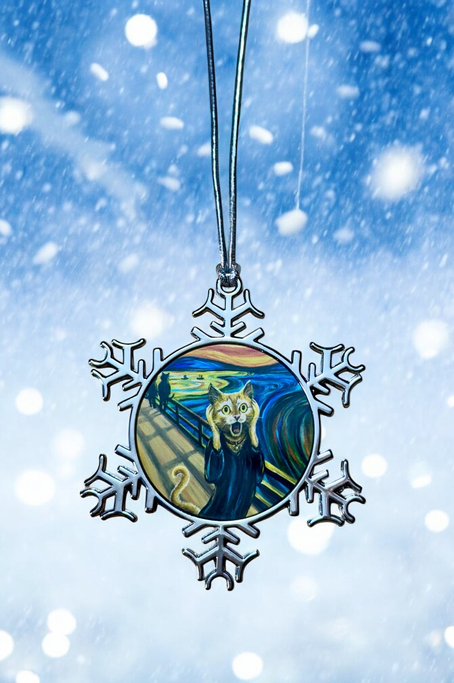 ORNAMENT 3"x 3" Silver Snowflake "The Cat Scream" (Image on both sides)