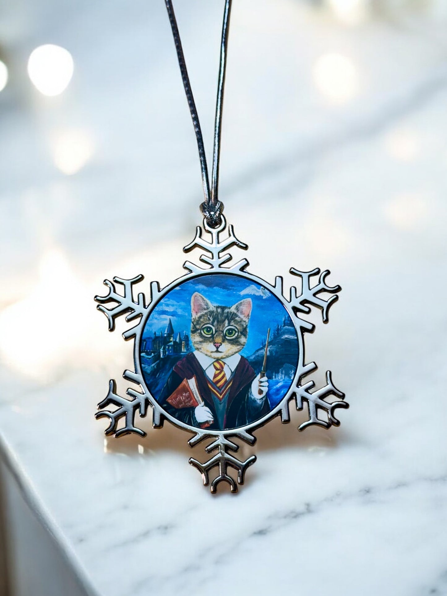 ORNAMENT 3"x 3" Silver Snowflake "Harry Catter" (Image on both sides)