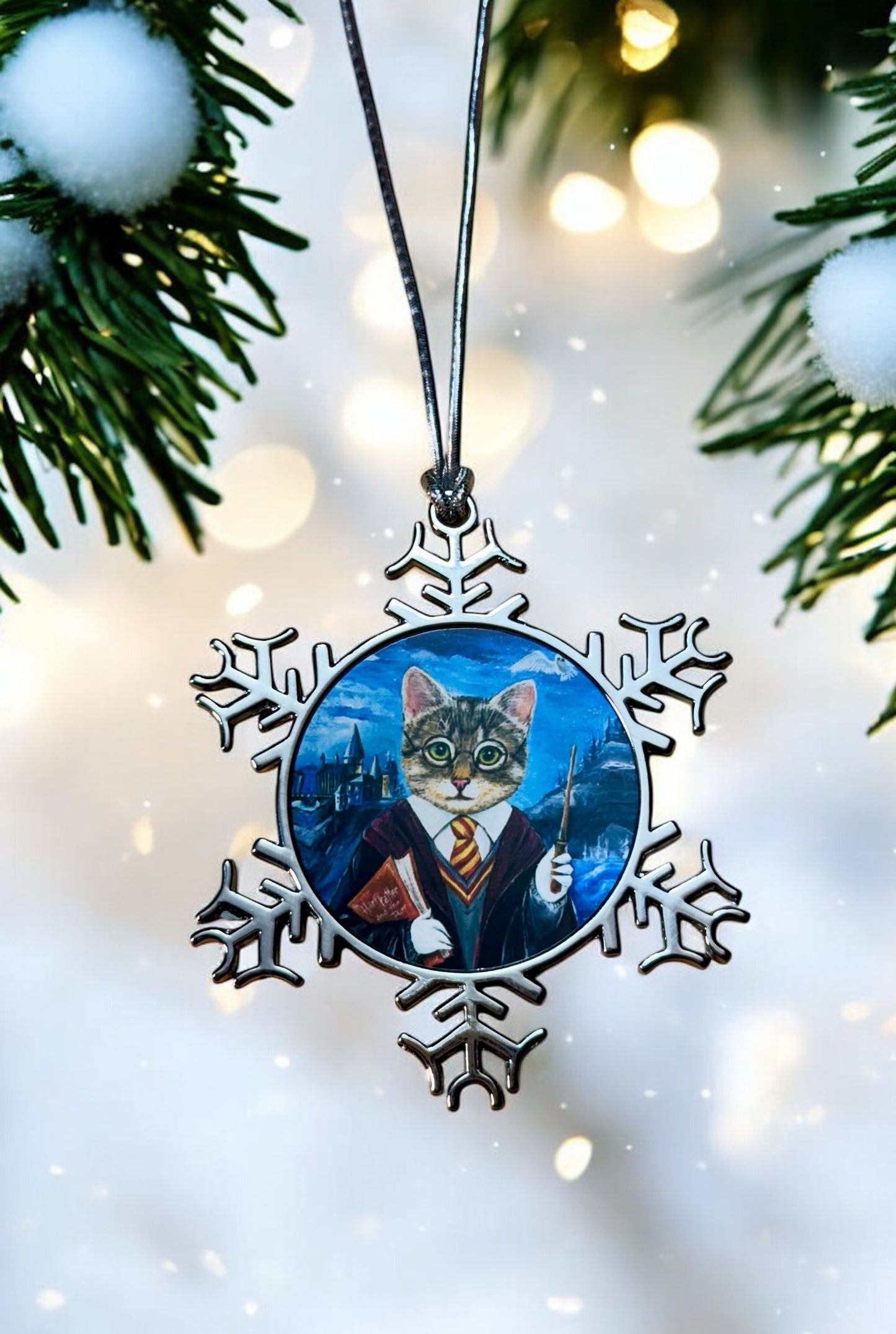 ORNAMENT 3"x 3" Silver Snowflake "Harry Catter" (Image on both sides)