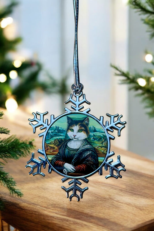 ORNAMENT 3"x 3" Silver Snowflake "Meowna Lisa" (Image on both sides)