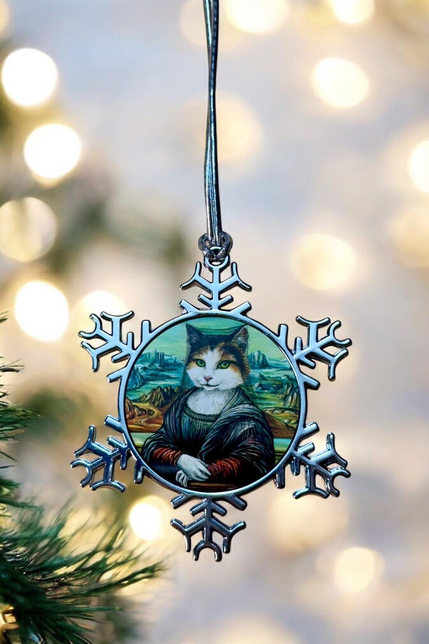 ORNAMENT 3"x 3" Silver Snowflake "Meowna Lisa" (Image on both sides)