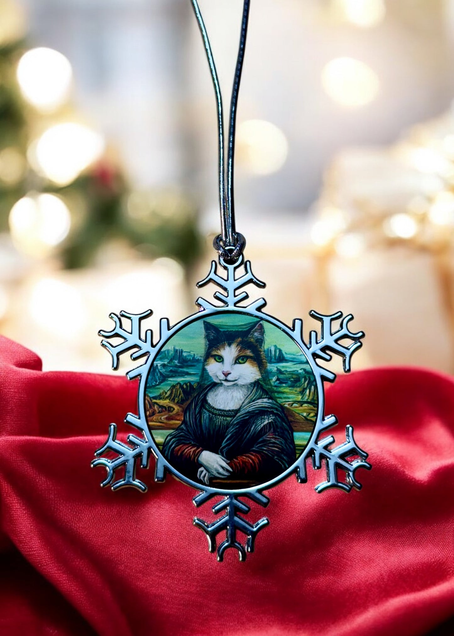 ORNAMENT 3"x 3" Silver Snowflake "Meowna Lisa" (Image on both sides)