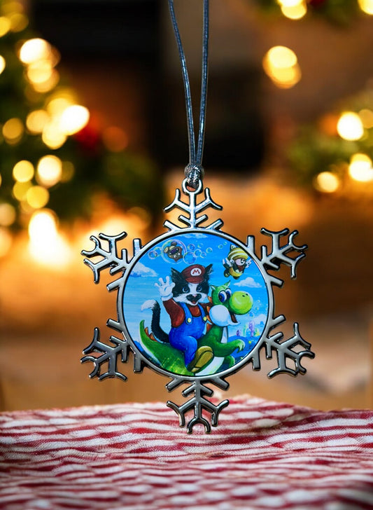 ORNAMENT 3"x 3" Silver Snowflake "Mario Kitty" (Image on both sides)