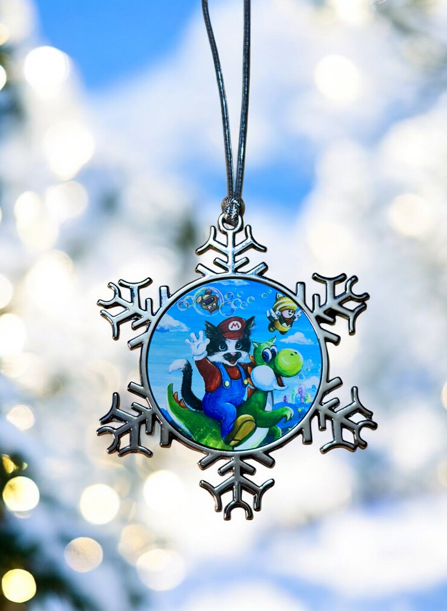 ORNAMENT 3"x 3" Silver Snowflake "Mario Kitty" (Image on both sides)