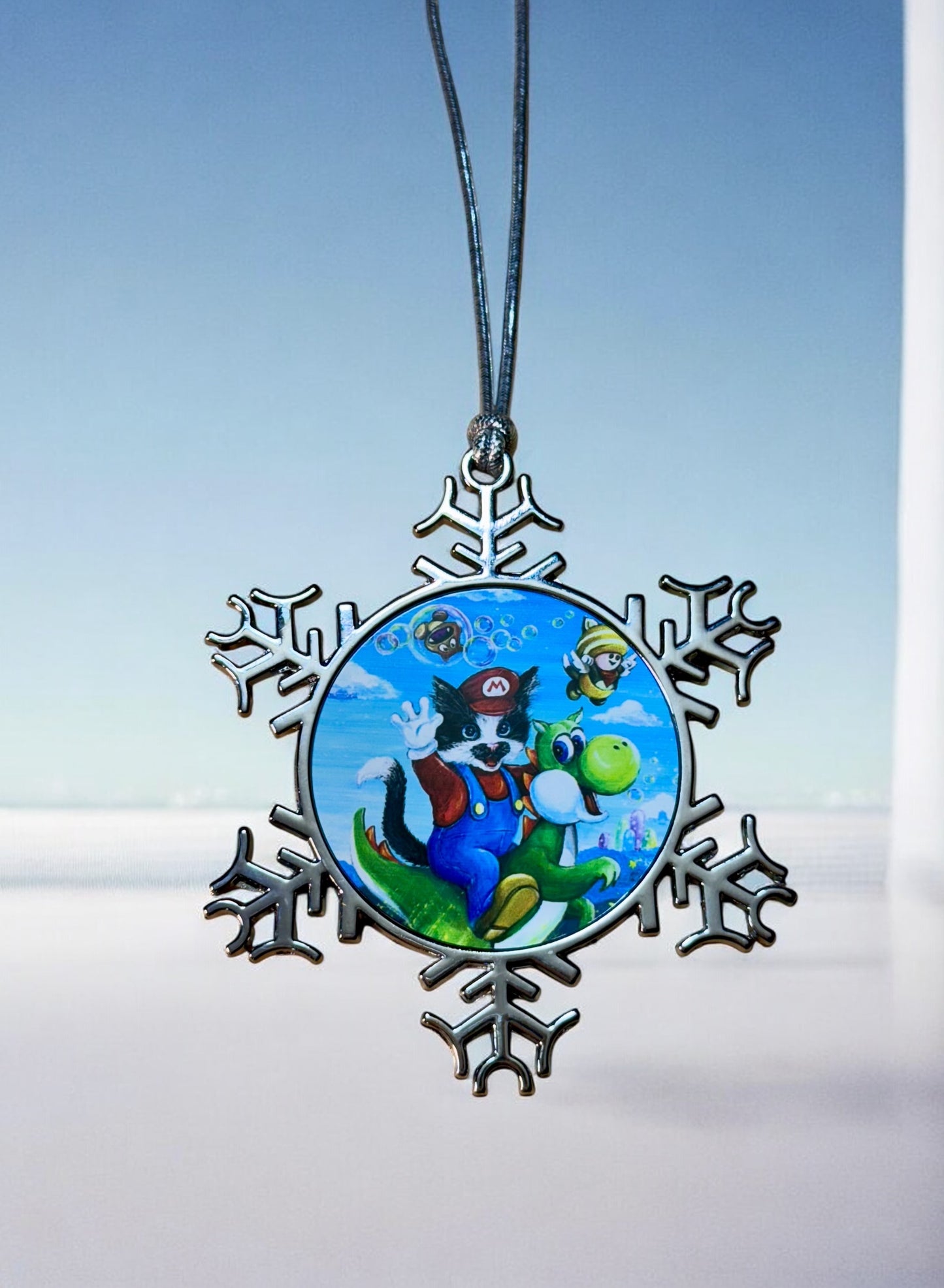 ORNAMENT 3"x 3" Silver Snowflake "Mario Kitty" (Image on both sides)
