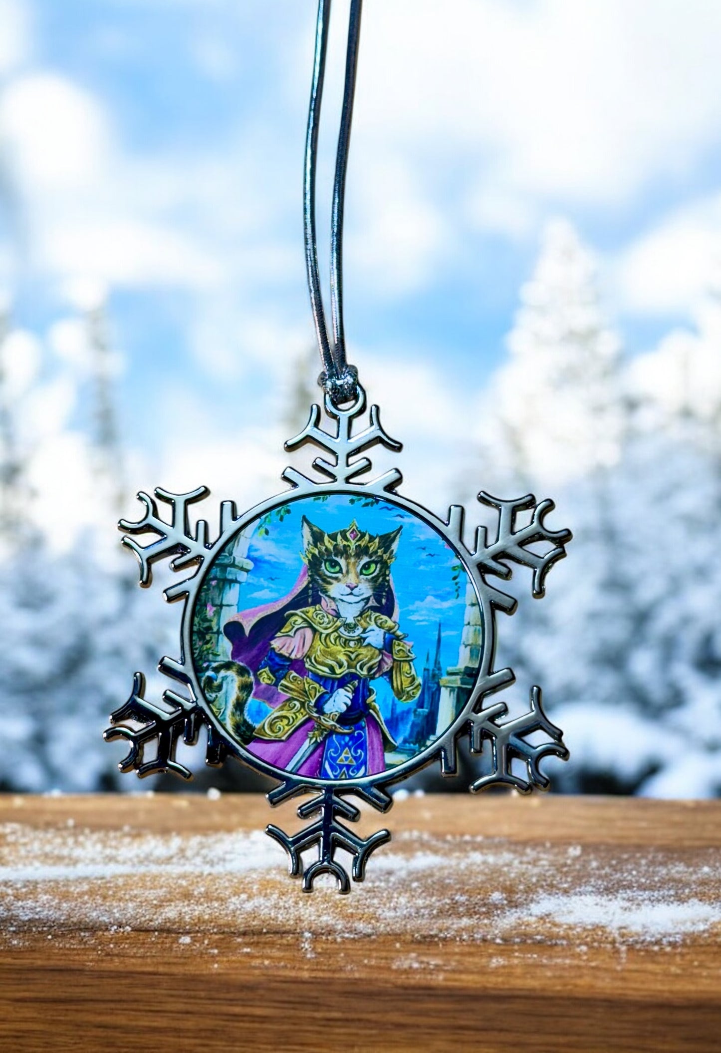 ORNAMENT 3"x 3" Silver Snowflake "Purrincess Zelda" (Image on both sides)