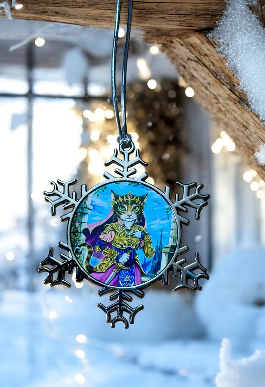ORNAMENT 3"x 3" Silver Snowflake "Purrincess Zelda" (Image on both sides)