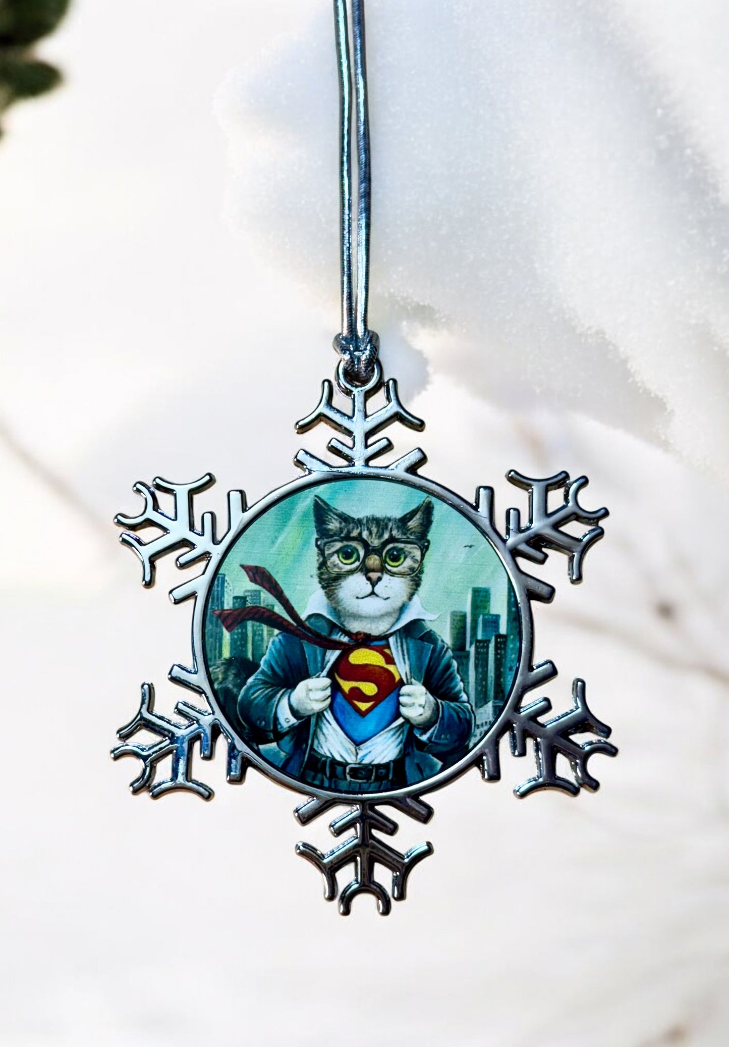 ORNAMENT 3"x 3" Silver Snowflake "The Cat of Steel" (Image on both sides)