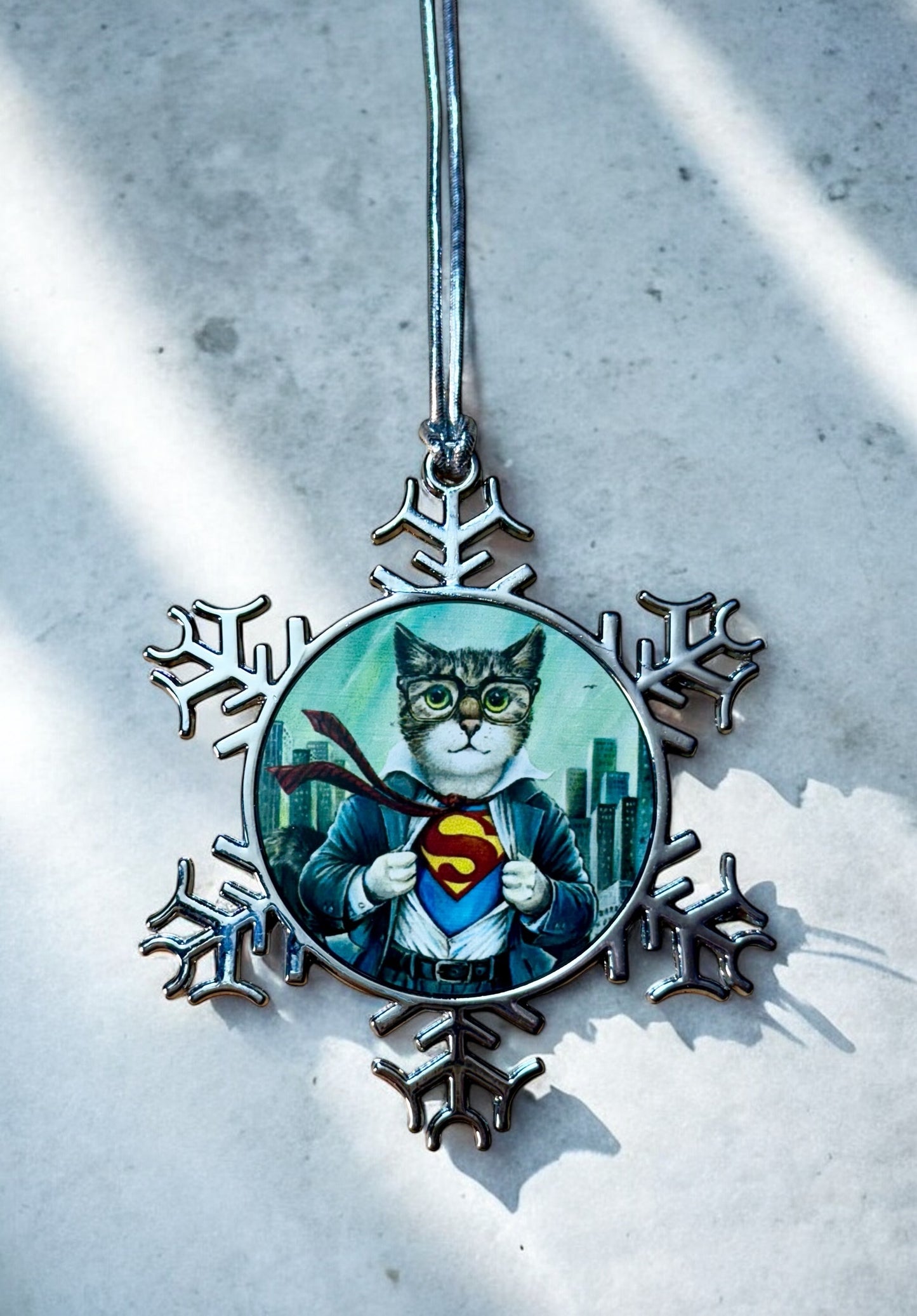 ORNAMENT 3"x 3" Silver Snowflake "The Cat of Steel" (Image on both sides)