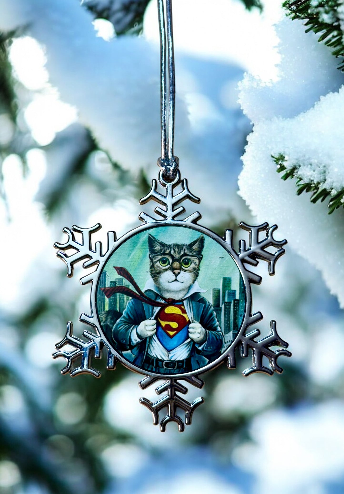 ORNAMENT 3"x 3" Silver Snowflake "The Cat of Steel" (Image on both sides)