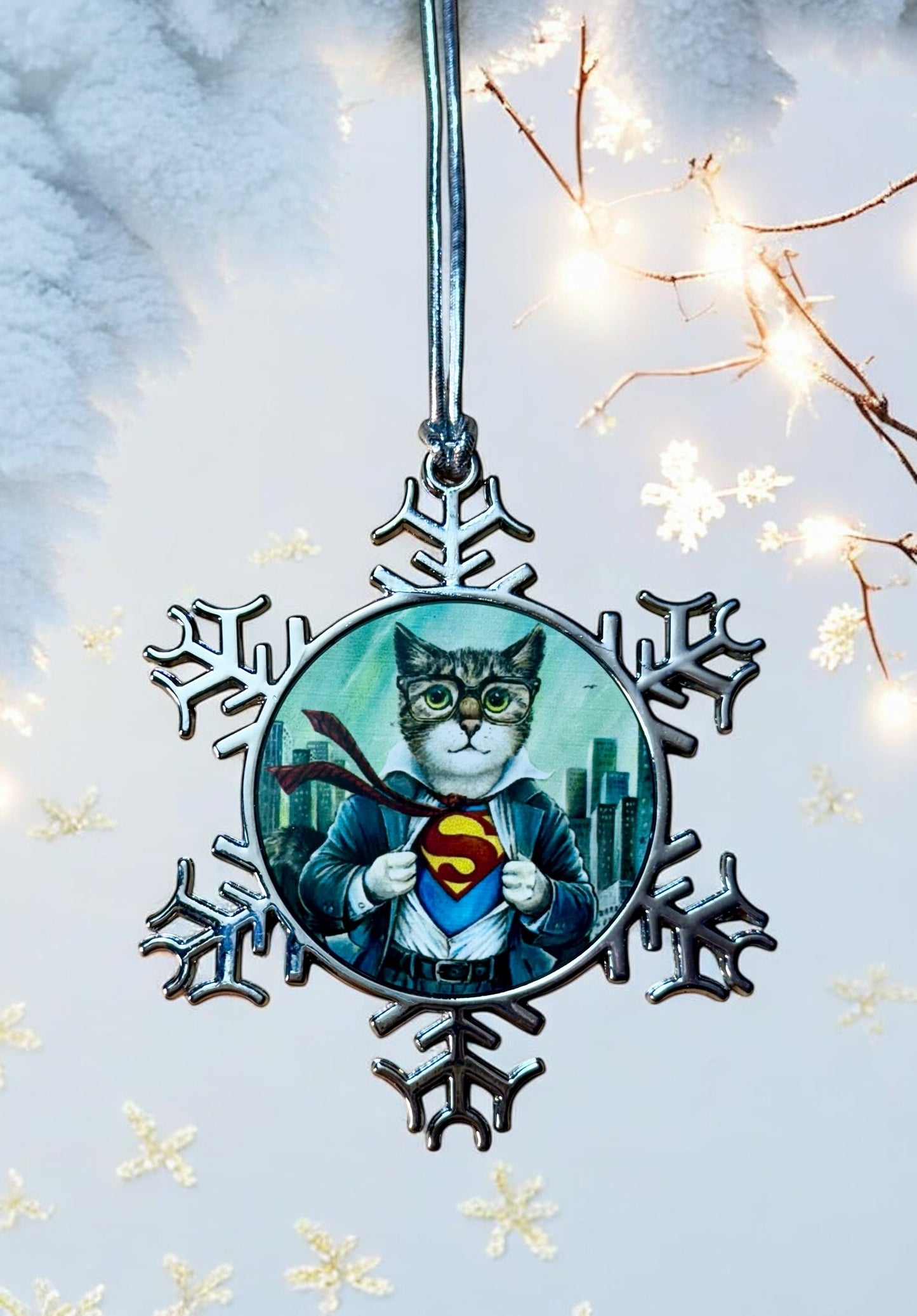 ORNAMENT 3"x 3" Silver Snowflake "The Cat of Steel" (Image on both sides)
