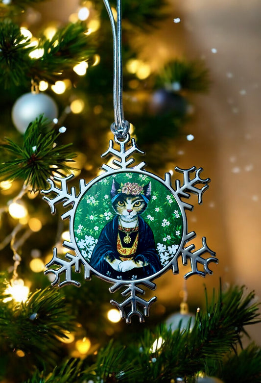 ORNAMENT 3"x 3" Silver Snowflake "Frida Calico" (Image on both sides)