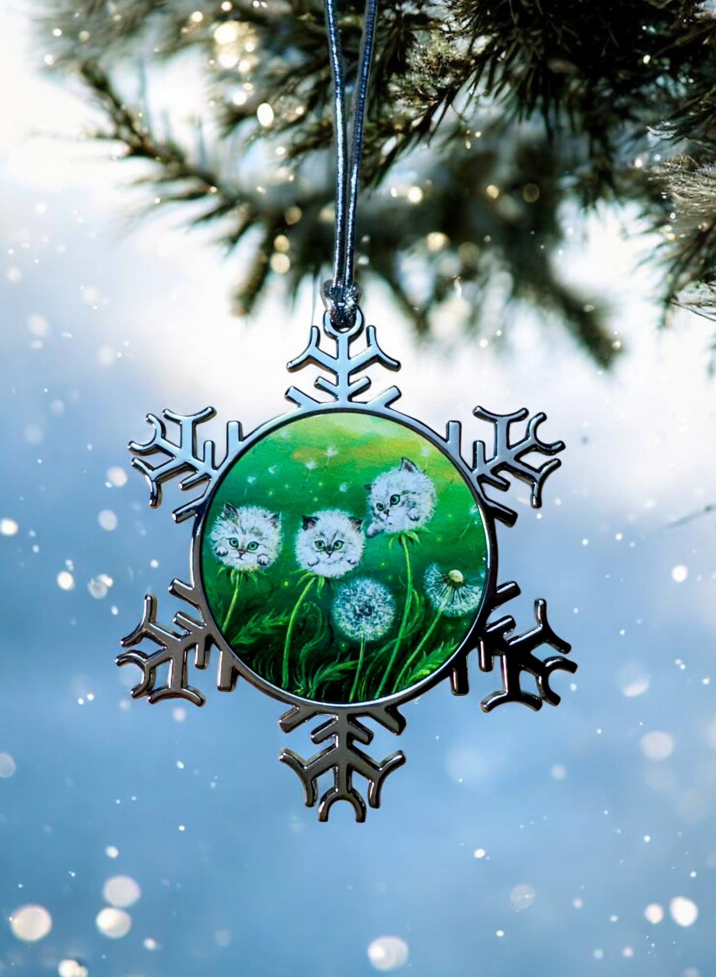 ORNAMENT 3"x 3" Silver Snowflake "Kittylions" (Image on both sides)