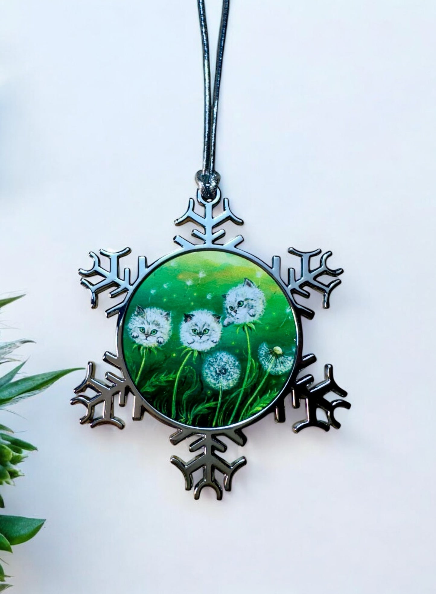 ORNAMENT 3"x 3" Silver Snowflake "Kittylions" (Image on both sides)