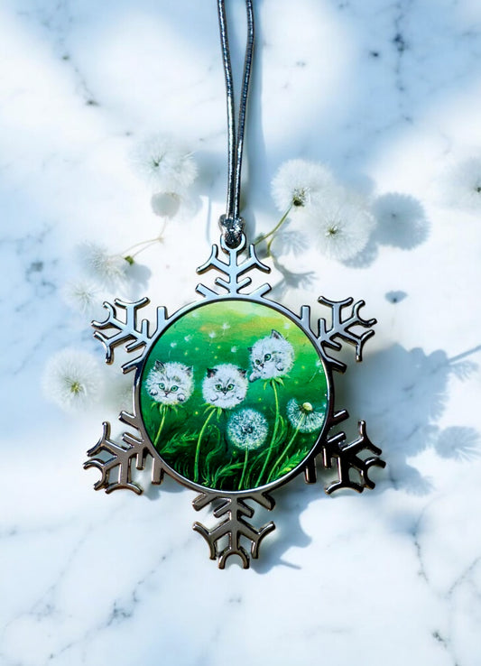 ORNAMENT 3"x 3" Silver Snowflake "Kittylions" (Image on both sides)