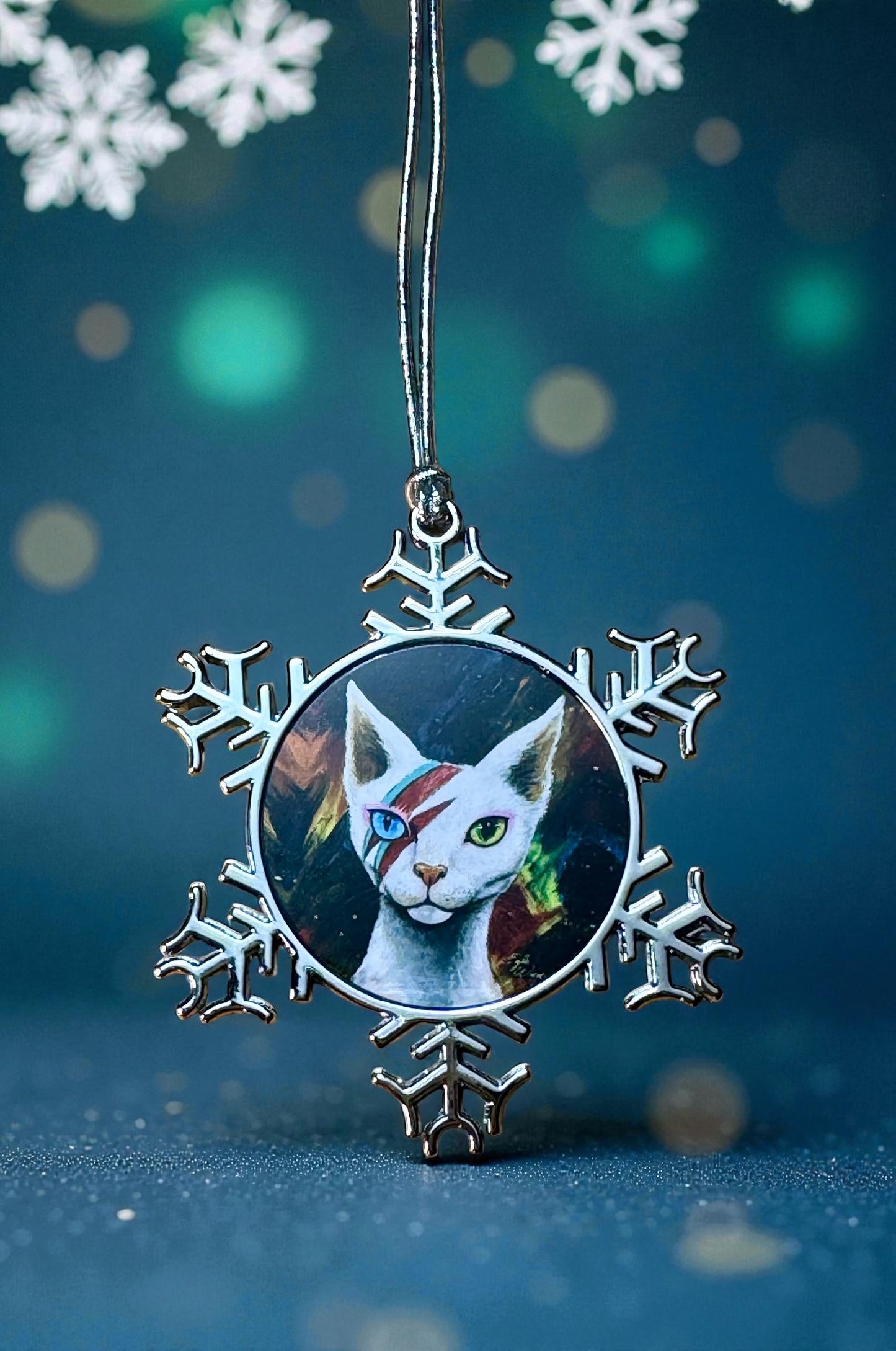 ORNAMENT 3"x 3" Silver Snowflake "Ziggy Starpaws" (Image on both sides)