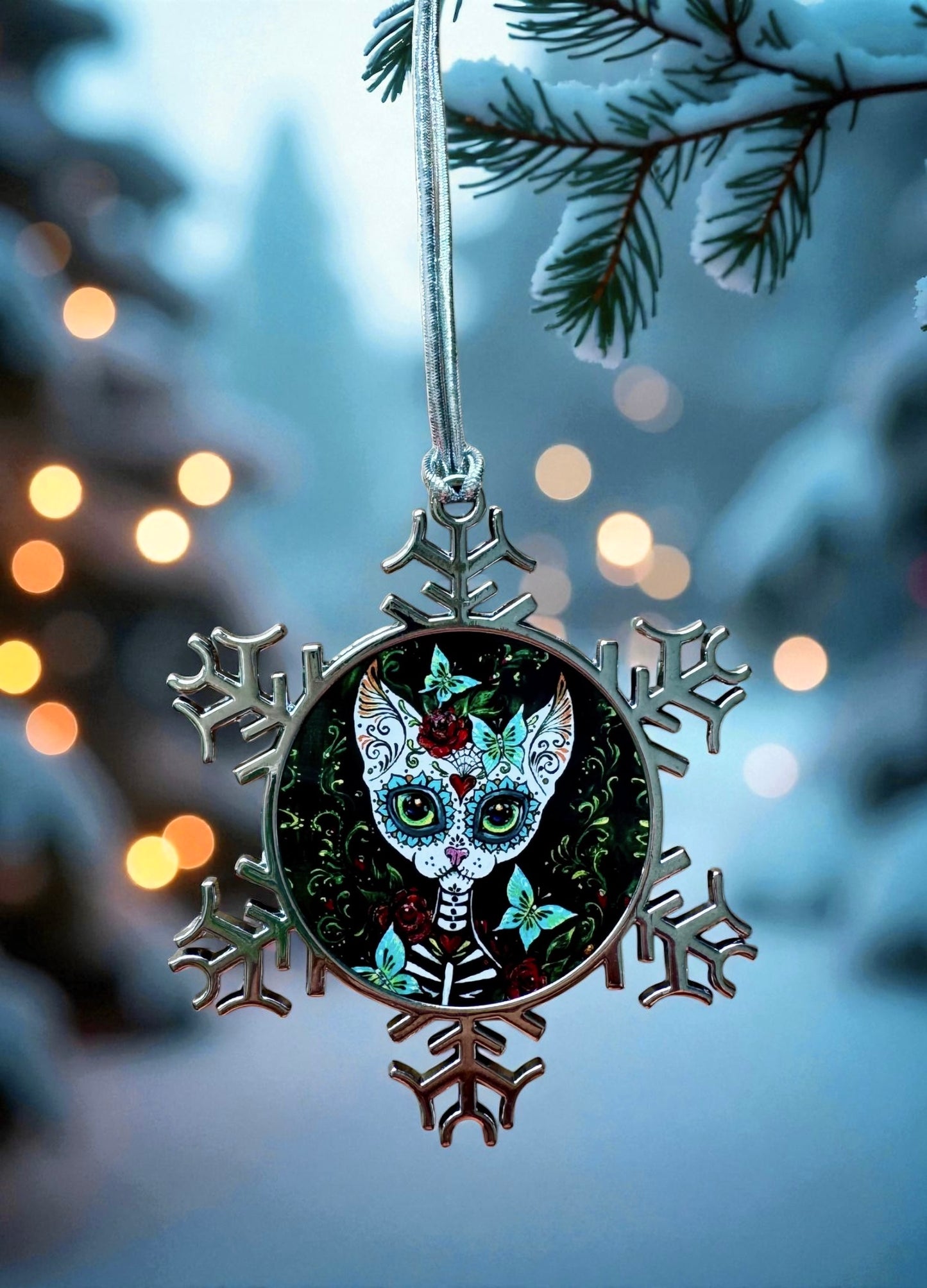 ORNAMENT 3"x 3" Silver Snowflake "Sugar Kitty" (Image on both sides)