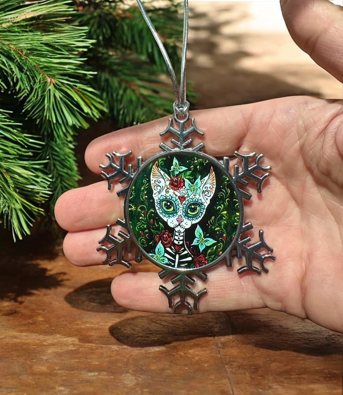 ORNAMENT 3"x 3" Silver Snowflake "Sugar Kitty" (Image on both sides)