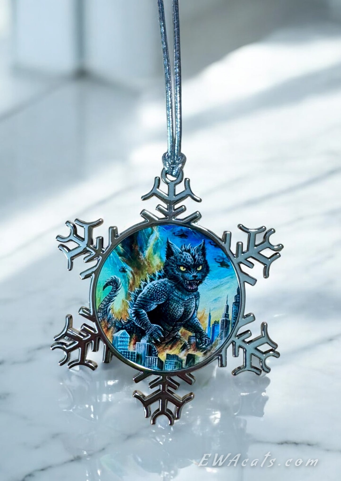 ORNAMENT 3"x 3" Silver Snowflake "Catzilla" (Image on both sides)