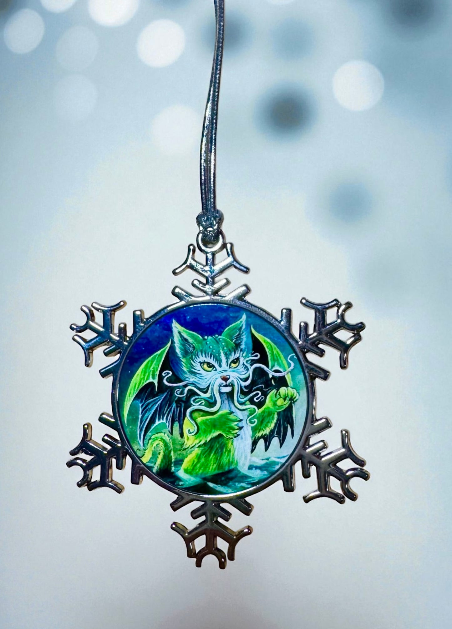 ORNAMENT 3"x 3" Silver Snowflake "Cathulhu" (Image on both sides)