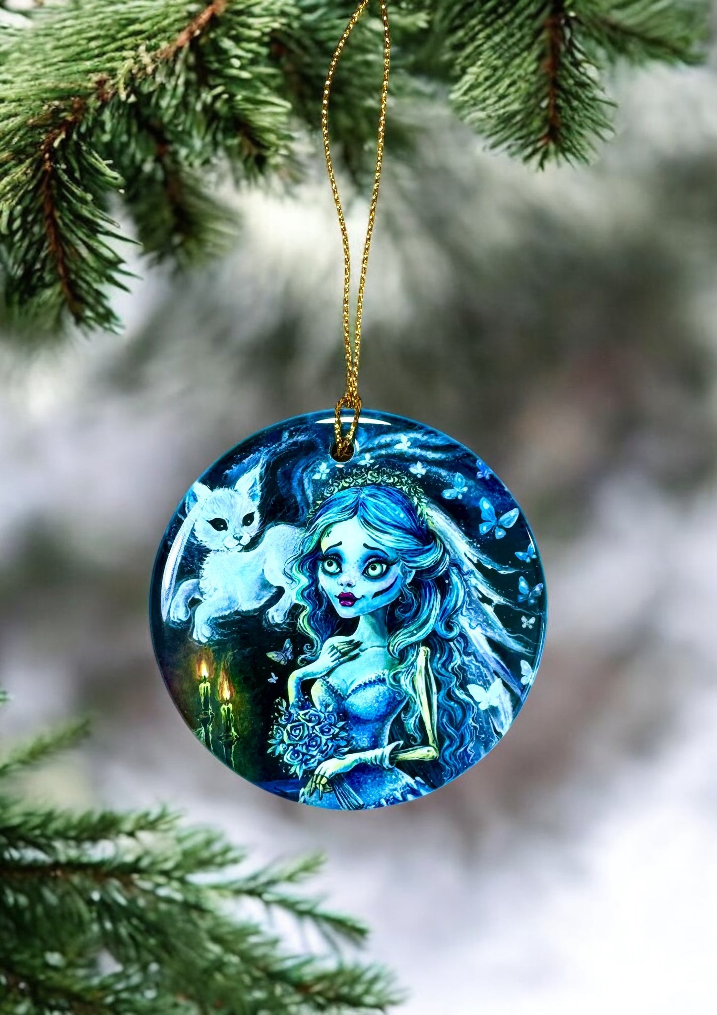 ORNAMENT Porcelain 3"x 3" Round "Emily and Her Ghost Kitty"