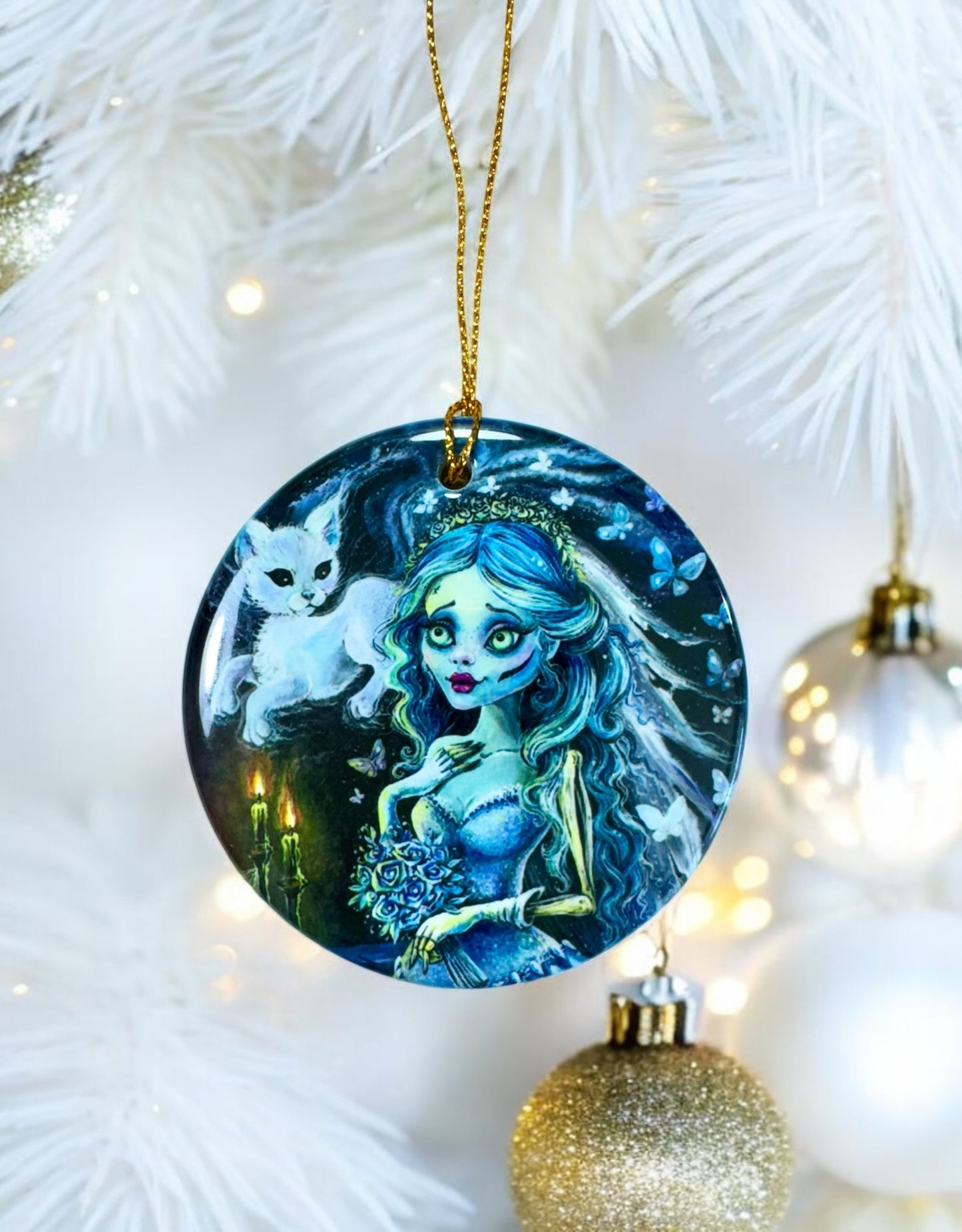 ORNAMENT Porcelain 3"x 3" Round "Emily and Her Ghost Kitty"
