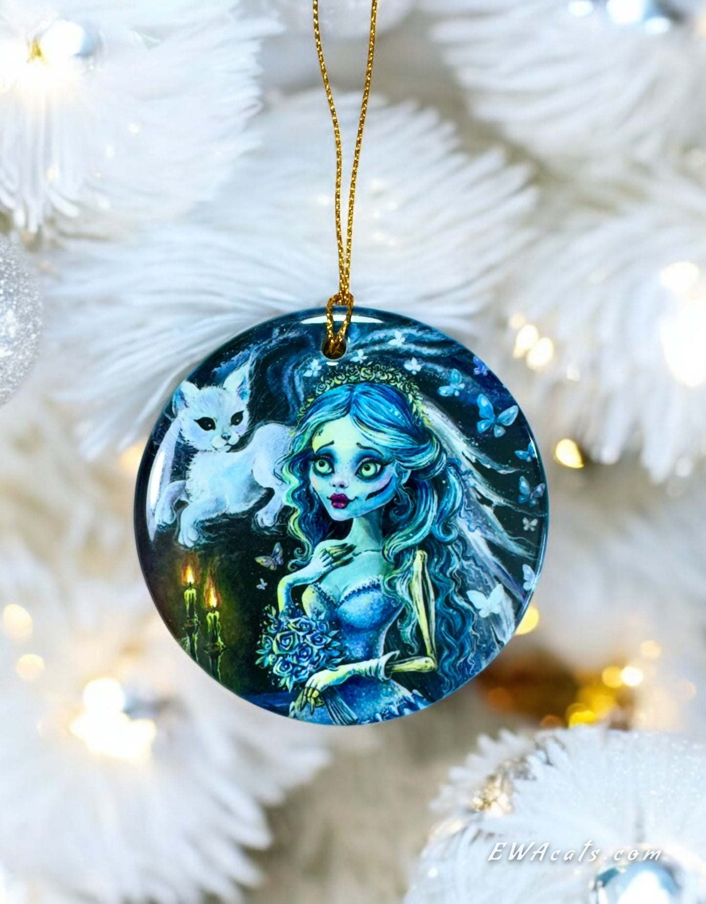 ORNAMENT Porcelain 3"x 3" Round "Emily and Her Ghost Kitty"