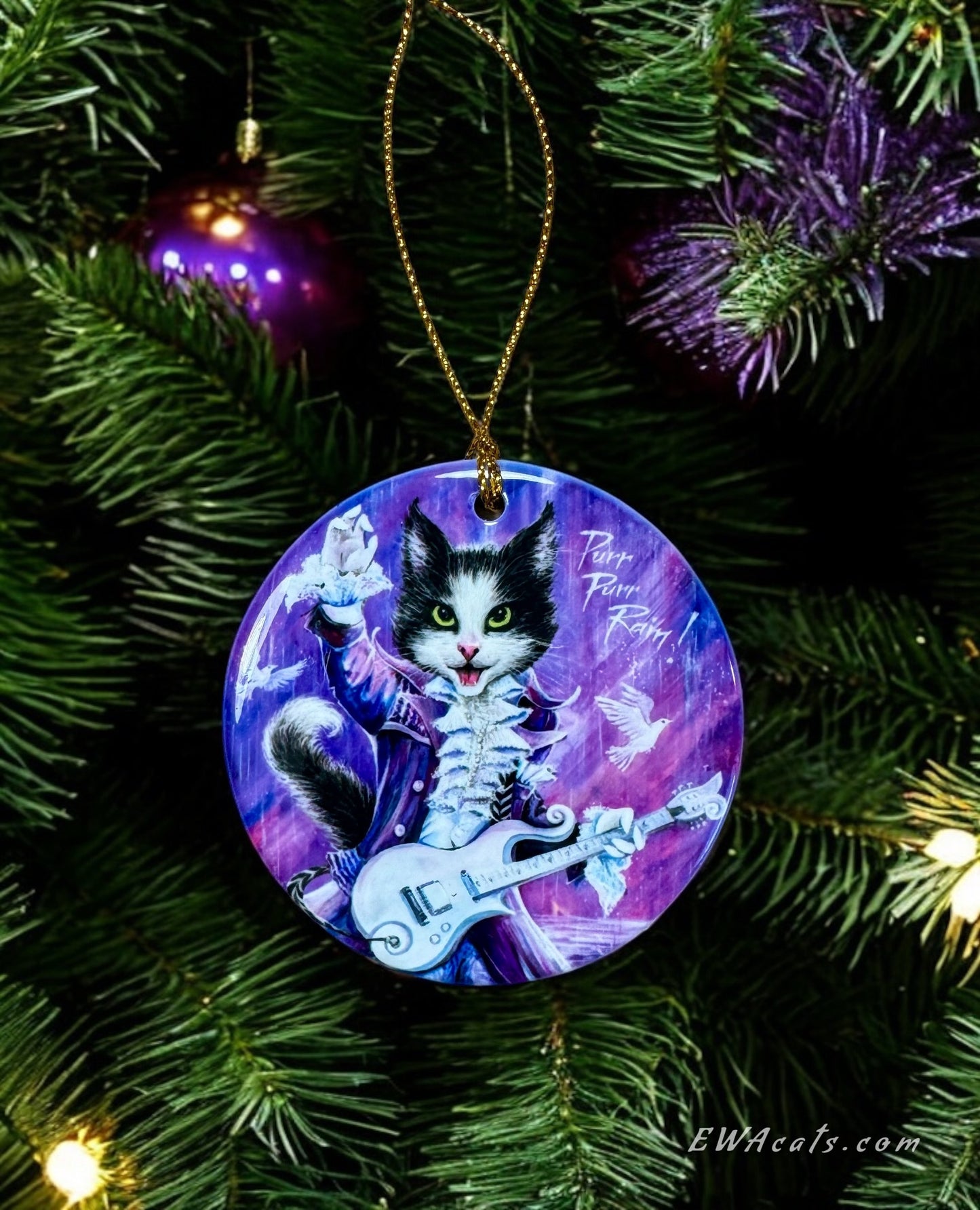 ORNAMENT Porcelain 3"x 3" Round "Purr Purr Rain!"