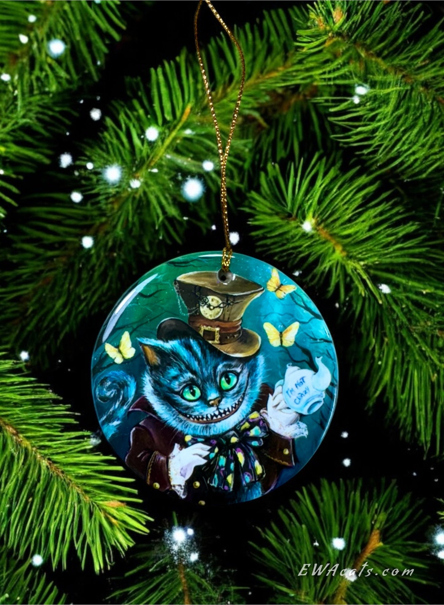 ORNAMENT Porcelain 3"x 3" Round "Steampunk Cheshi"