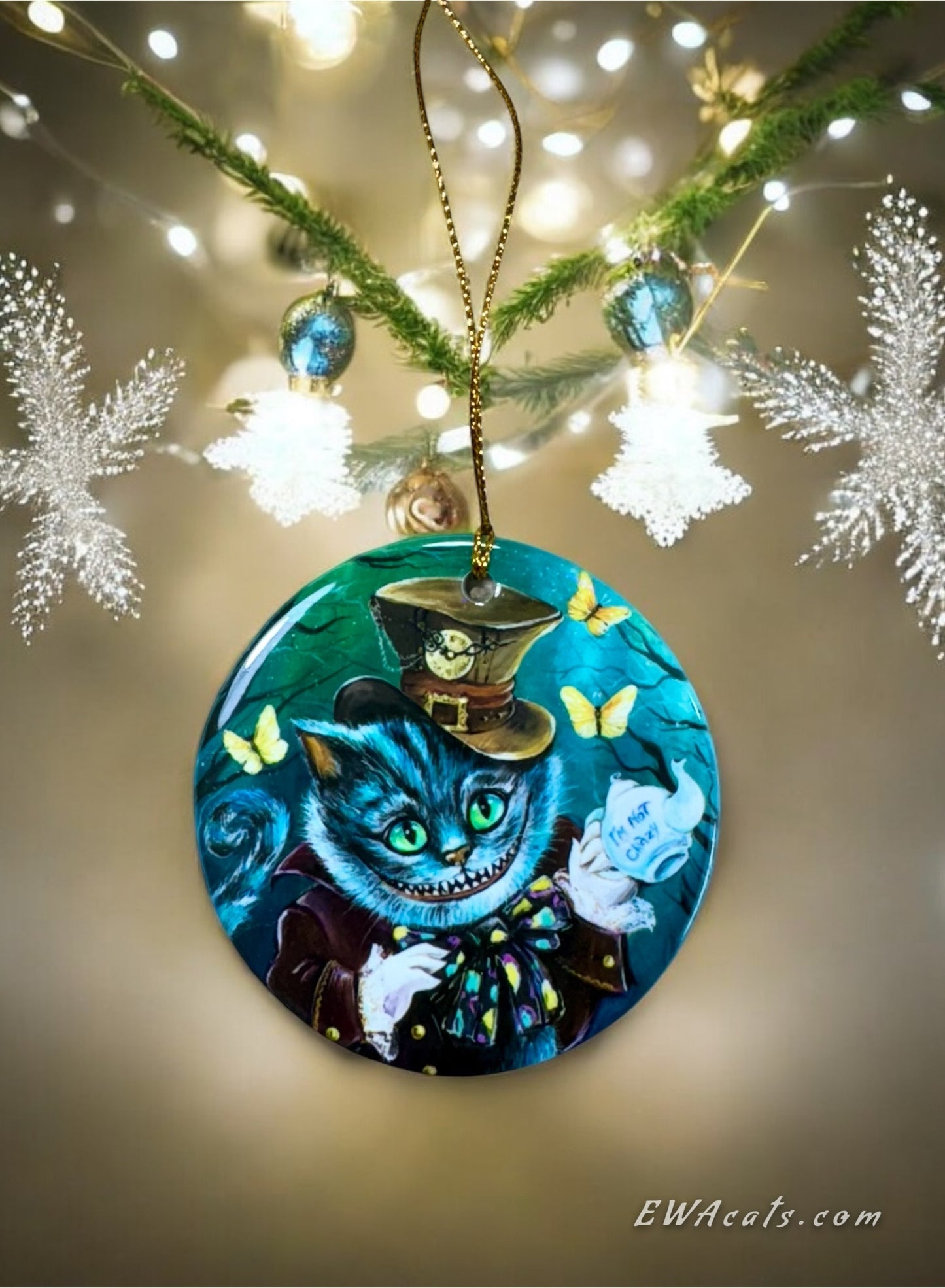 ORNAMENT Porcelain 3"x 3" Round "Steampunk Cheshi"