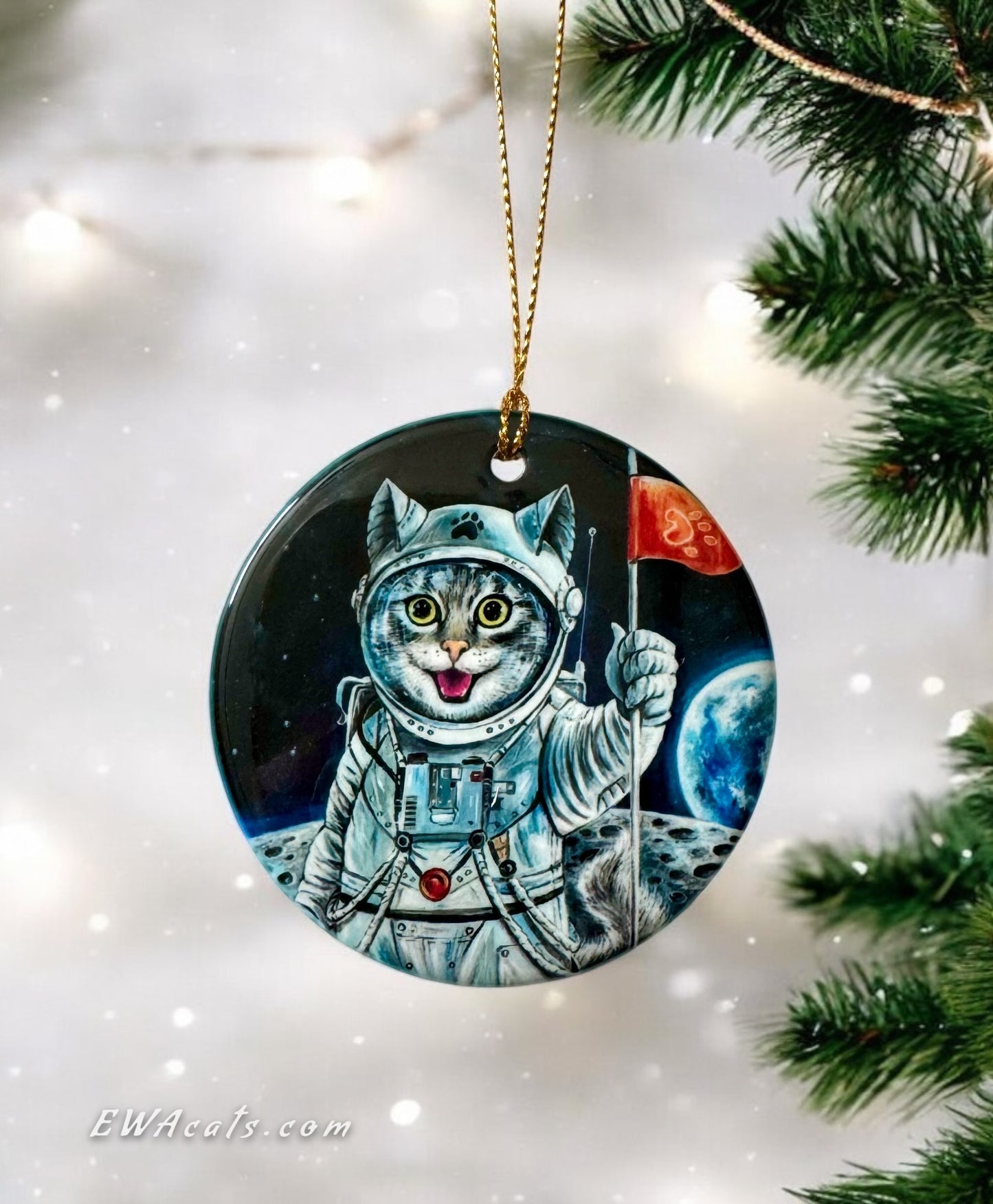 ORNAMENT Porcelain 3"x 3" Round "First Cat on the Moon"