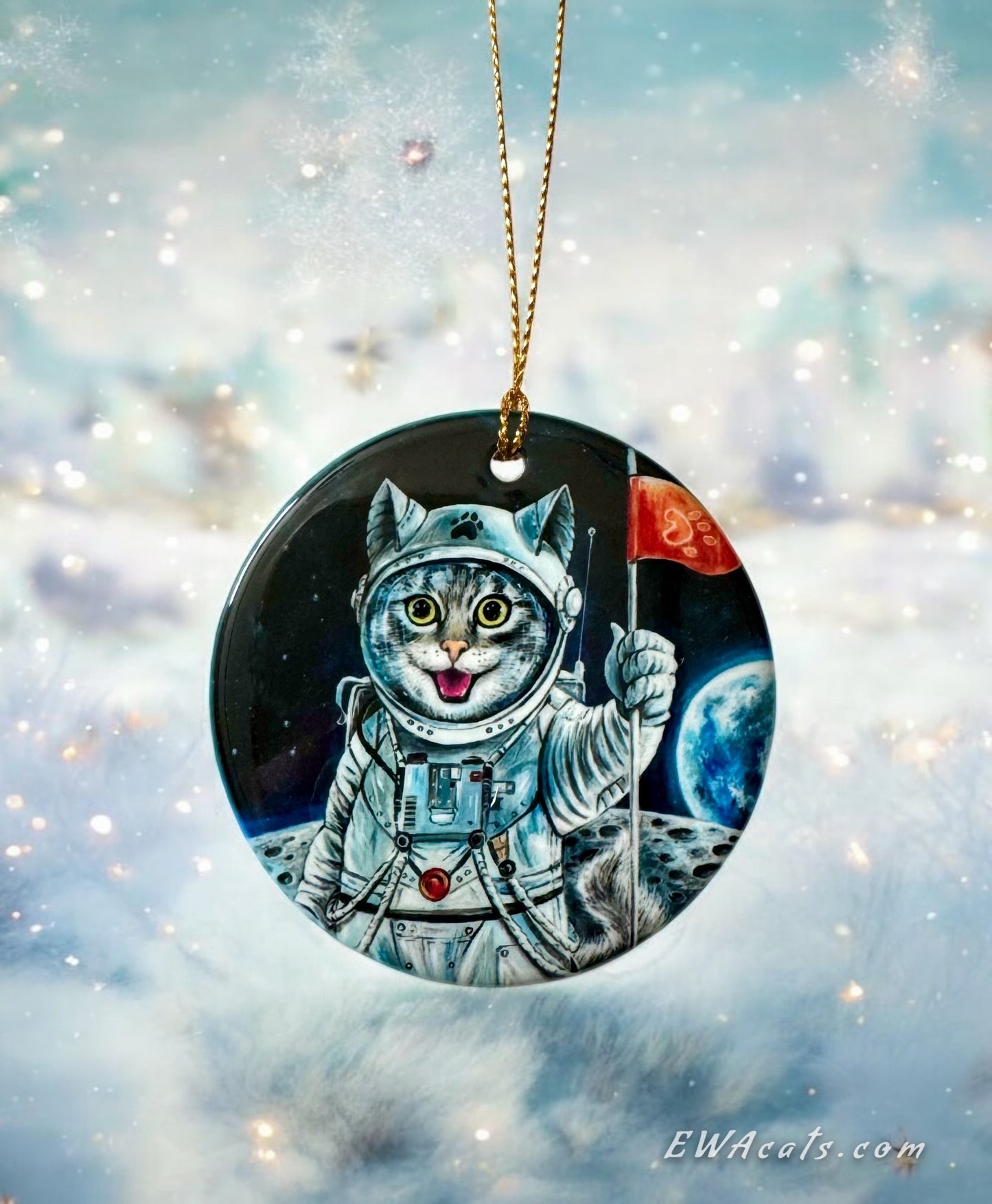 ORNAMENT Porcelain 3"x 3" Round "First Cat on the Moon"