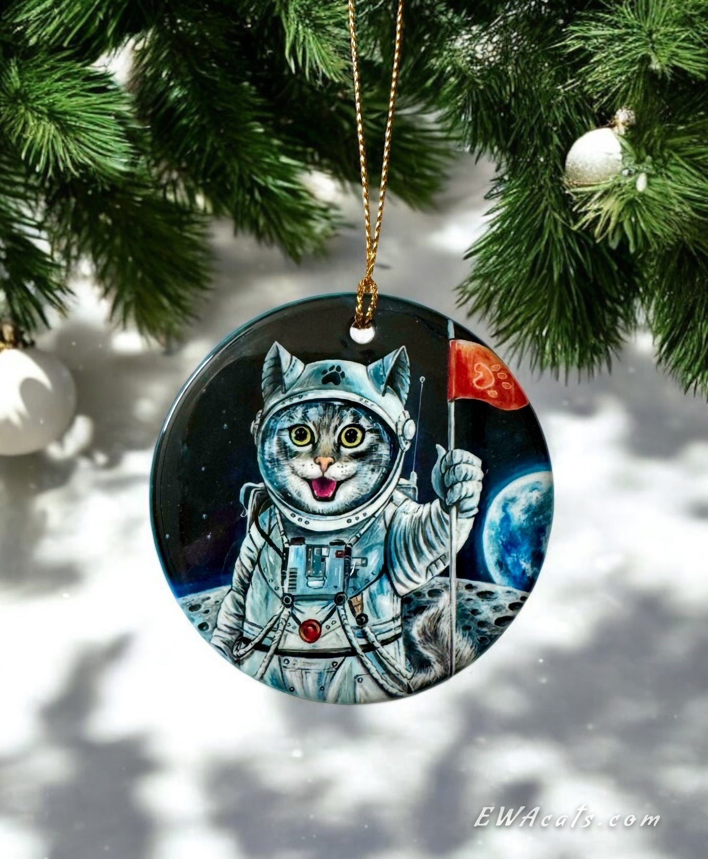 ORNAMENT Porcelain 3"x 3" Round "First Cat on the Moon"