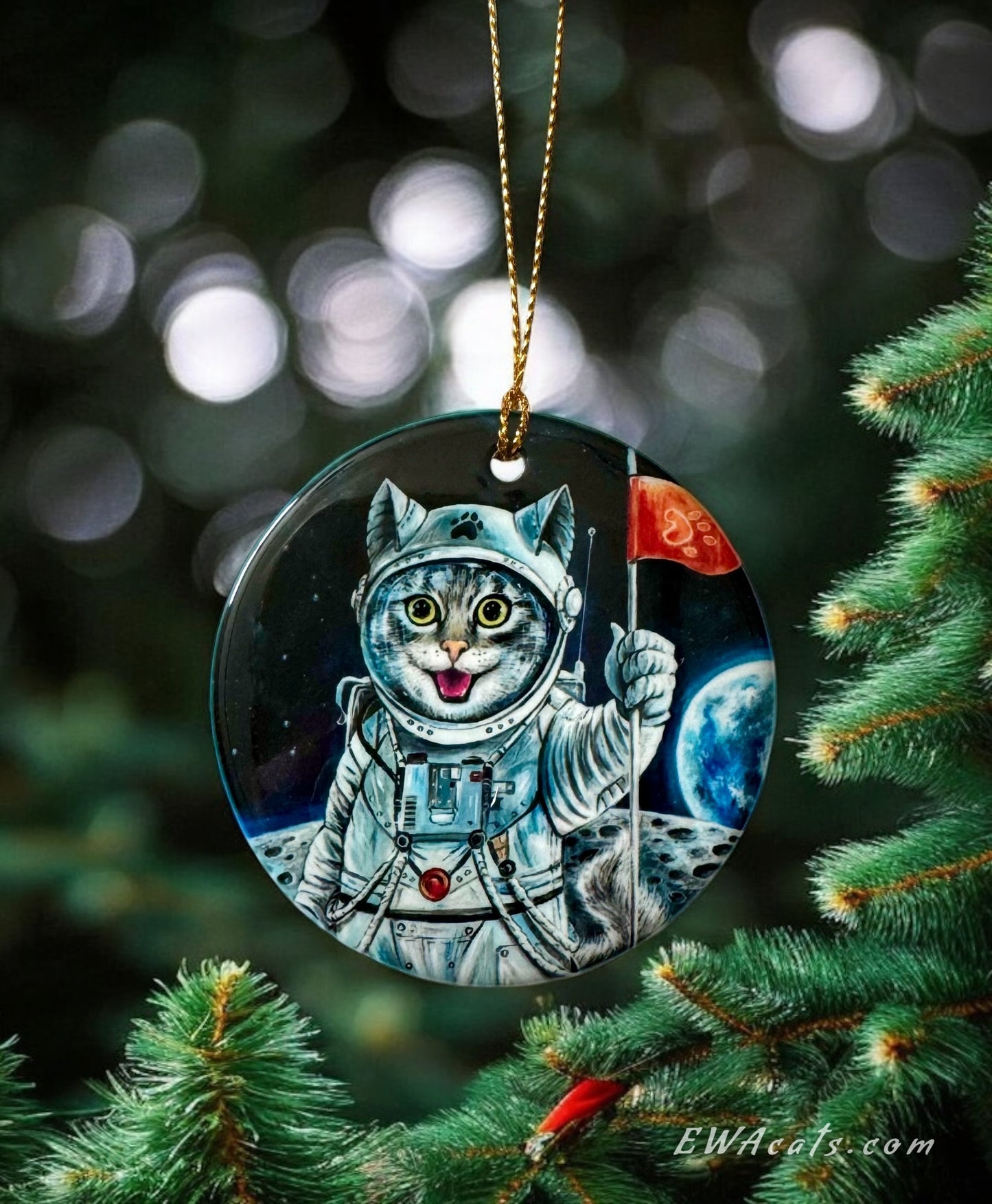 ORNAMENT Porcelain 3"x 3" Round "First Cat on the Moon"