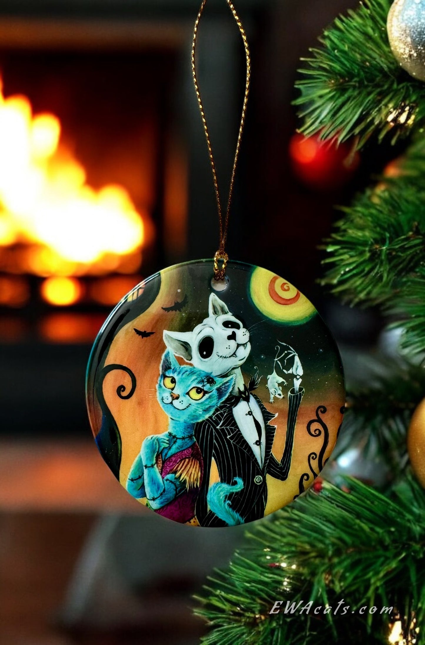 ORNAMENT Porcelain 3"x 3" Round "Jack and Sally Meows"