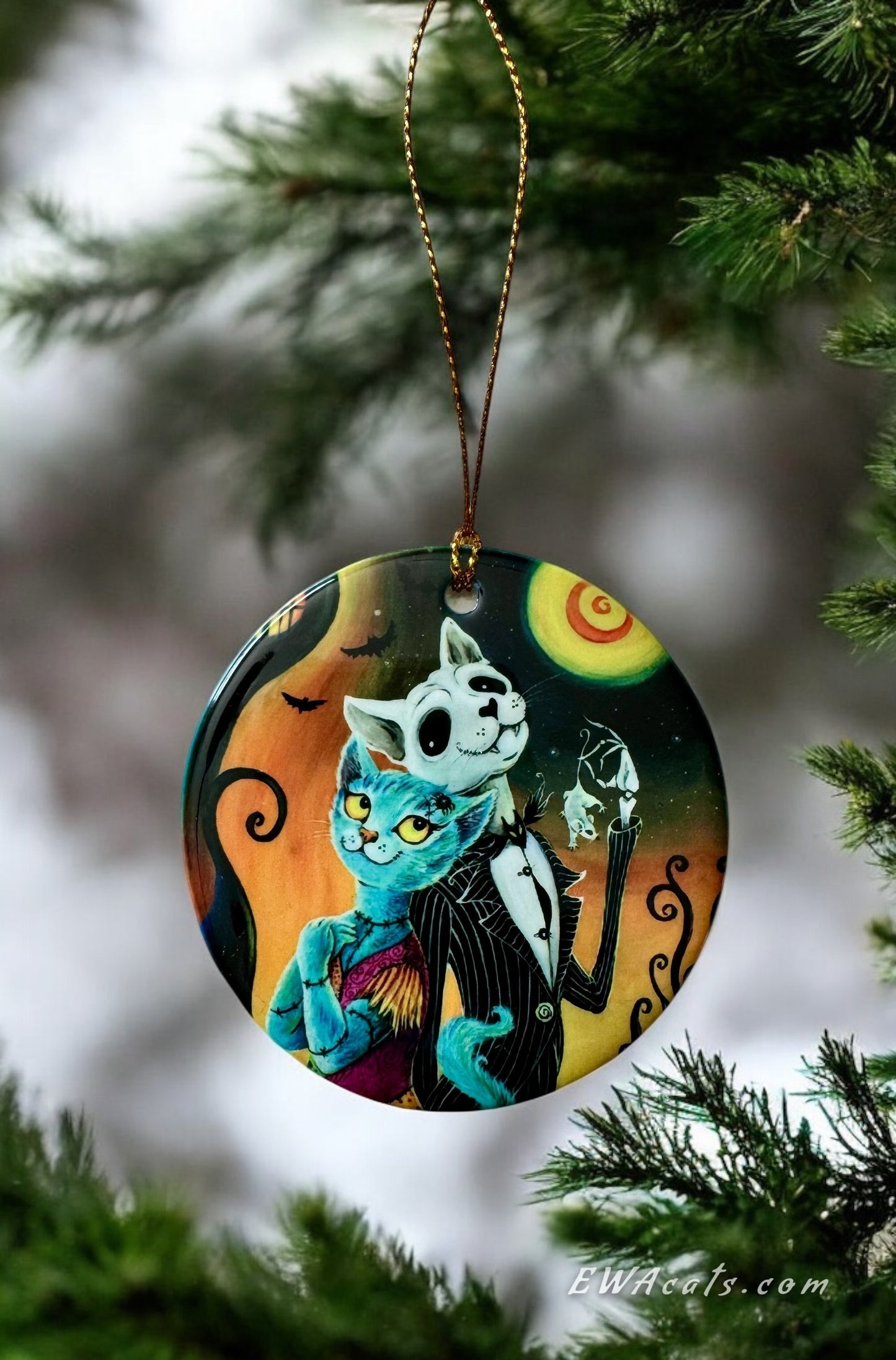 ORNAMENT Porcelain 3"x 3" Round "Jack and Sally Meows"