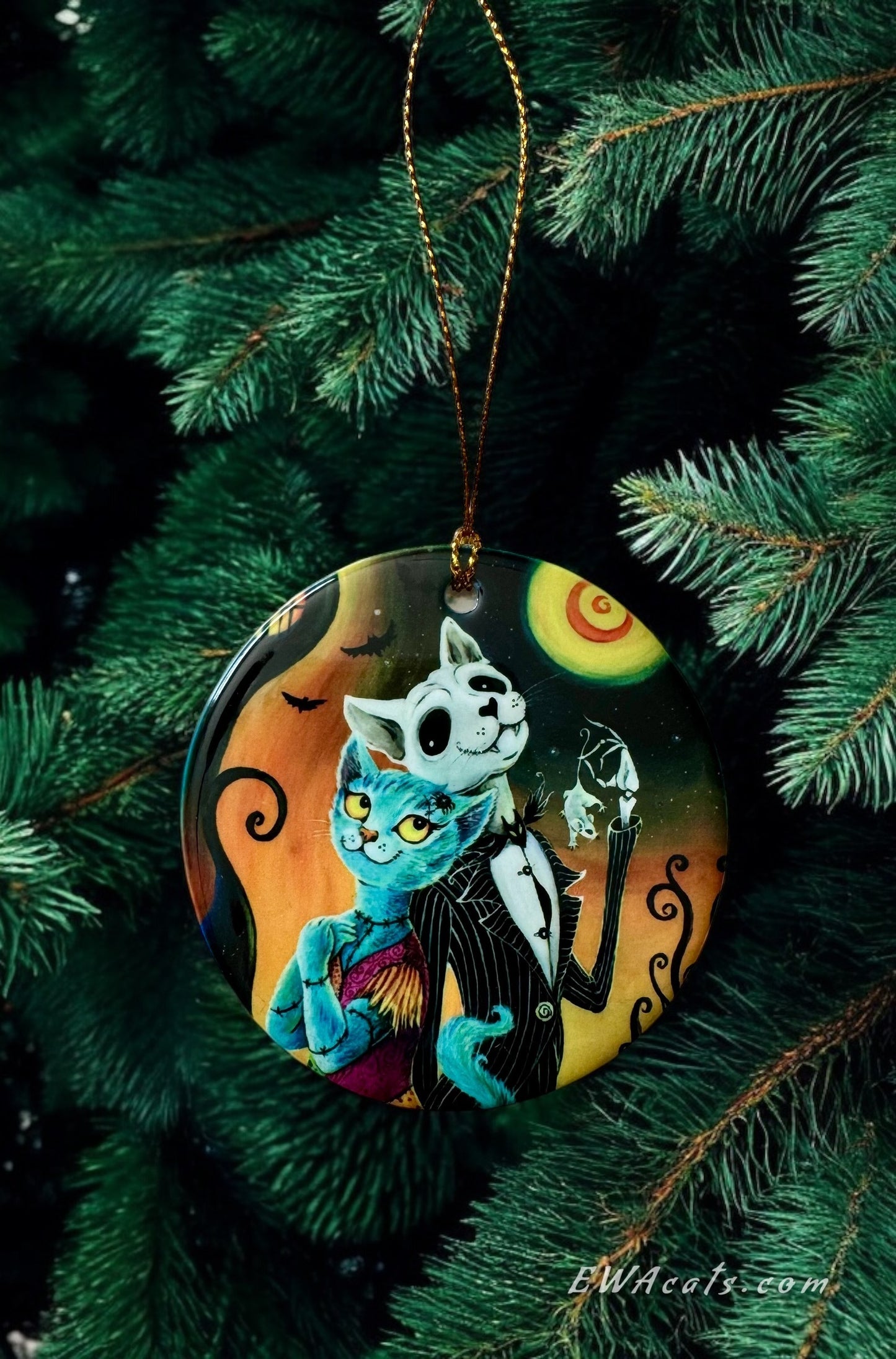 ORNAMENT Porcelain 3"x 3" Round "Jack and Sally Meows"