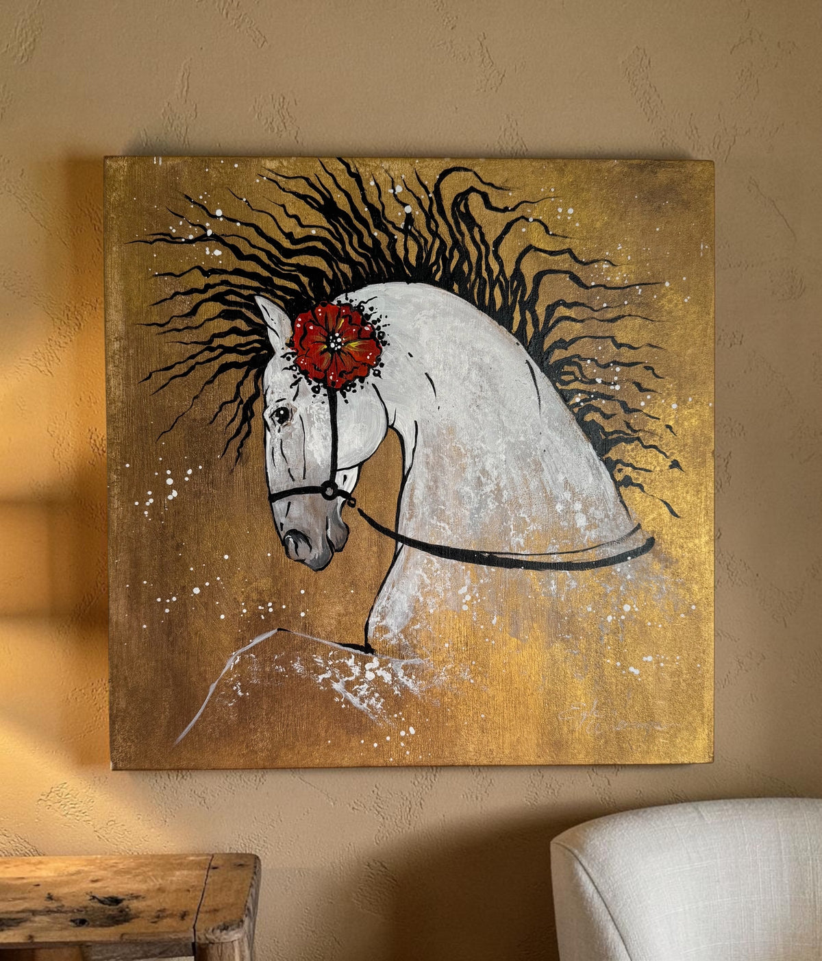 Original Painting "Spanish White Horse" Acrylic on Wood
